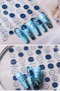 Detail of blue mood embossed nail stickers featuring expressive emojis and text on tips