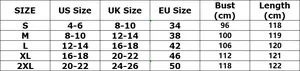 Detailed size chart for long sleeve solid color maxi dress featuring US, UK, and EU measurements
