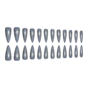 Set of 24 silver holographic glitter stiletto press-on nails on a clean white background