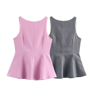 Top Peplum Sans Manches Femme Nœud Dos Découpe Polyester Coupe Ajustée Style Doux Mode Été