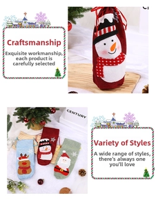 Detail showing various Christmas wine bottle gift bags with Santa and snowman designs