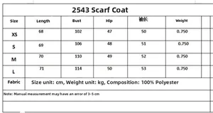 Size guide table for women's round neck jacket with scarf detail including measurements