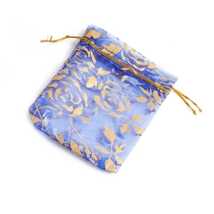 Blue organza drawstring gift bag featuring elegant golden rose floral patterns for jewelry