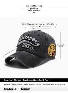 Close-up of vintage washed denim baseball cap with detailed embroidery and size parameters