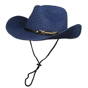 Navy blue straw cowboy hat with adjustable chin strap and faux leather band