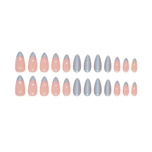 Nude pink almond press-on nails with silver French tips and mermaid scale texture