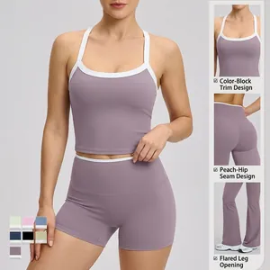 Tweeledige yogaset met racerbacktop en flared legging in paars, 7 kleuren beschikbaar