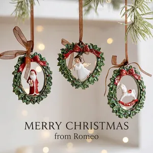 Retro Nordic resin Christmas ornaments set with Santa, angel and rocking horse charms