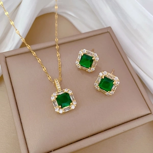Emerald Green Square Cubic Zirconia Necklace And Earrings With Stainless Steel Chain And Silver Earring Post Elegant Banquet Style