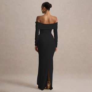 Robe longue noire élégante à épaules dénudées avec ruban et fente au dos pour soirée