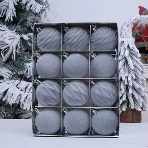 Set of 12 grey flocked Christmas tree ornaments with spiral and matte textures in a box