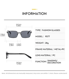 Detailed size specifications for square metal sunglasses with precise frame measurements