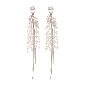 Silver needle tassel earrings with zircon crystals and long metallic chain fringe