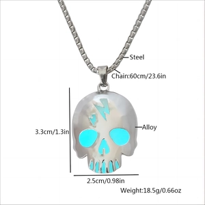 Luminous skull pendant necklace with lightning crack and blue glow accents on steel chain