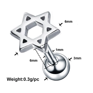 Polished silver stainless steel hexagram star cartilage stud earring with size details