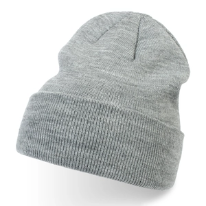 High-quality detailed close-up of a light gray knitted winter beanie for outdoor sports
