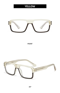 Front and 45-degree views of yellow and black rectangle anti-blue light glasses frames