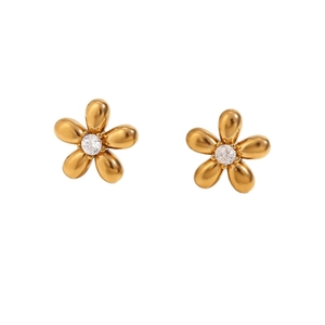 Vintage 18K gold plated stainless steel flower earrings with zircon center on white background