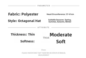 Size chart for newsboy cap made of polyester fabric, head circumference 57 to 61 cm