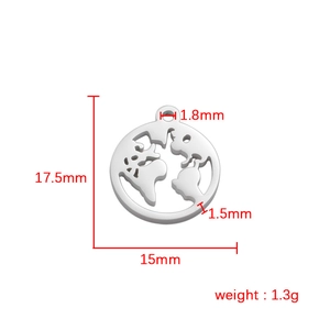 Polished hollow world map pendant in stainless steel with 15mm diameter and 1.3g weight