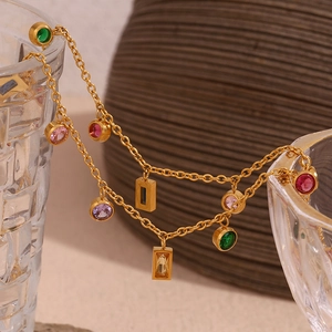 Detail of 18K gold plated necklaces with colorful geometric zircon crystal pendants