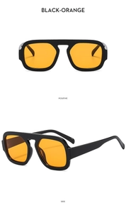 Front and side views of vintage square black frame sunglasses with orange lenses