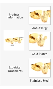 Macro detail of gold plated crown stud earrings showing 6x5.7mm size and stainless steel material
