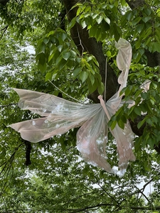 Detail of pink and white gradient mesh butterfly hanging on natural tree branches