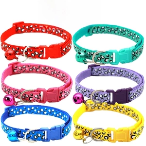 Assorted leopard print pet collars with bells and plastic buckles in six vibrant colors