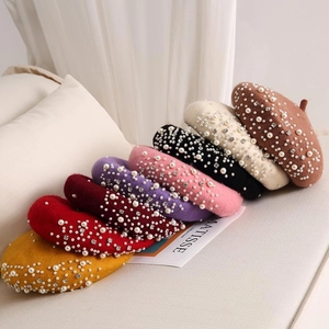 Elegant wool beret hats for women featuring scattered pearls and rhinestones in multiple colors