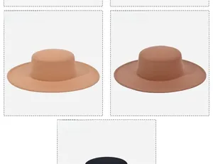 Flat top wide brim wool fedora hats shown in khaki, camel, and black color options