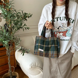 Green and brown plaid wool tote bag for women, large capacity stylish top handle bag