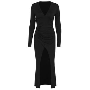 Detail of elegant black long dress showing deep V-neckline and front high slit design