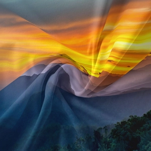 Detail of high-quality digital print tapestry showing sunset mountains and fabric texture
