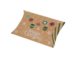 Detail of kraft paper pillow gift box with Merry Christmas prints and colorful patterns