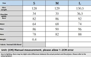 Size chart for ruched midi dress showing S to L measurements in centimeters and fabric details