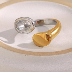 Detail of two-tone 18K gold plated stainless steel open ring with polished geometric design