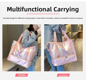 Pink holographic travel bag with dry wet separation and bottom shoe compartment