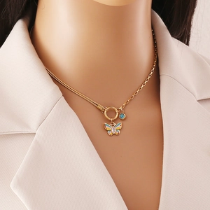 Butterfly Pendant Necklace And Bracelet Gold Stainless Steel Enamel Blue Gemstone Double Layer Jewelry For Women Fashion