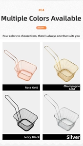 Detail view of mini stainless steel frying baskets in rose gold, champagne, black and silver