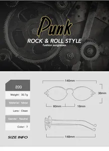Detailed size chart showing steampunk oval sunglasses frame and temple dimensions in mm