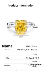 Macro view of S925 silver ring with 8x8mm square yellow gemstone and stone size specs