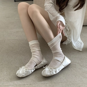 Elegant white satin split-toe ballet flats with bow and matching striped calf socks
