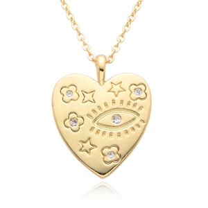 Close-up of golden heart pendant with evil eye and star motifs set with white zircons