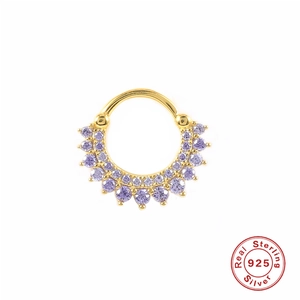 Macro view of gold S925 sterling silver hoop with double-row purple zircon stones