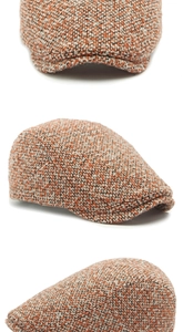 Detailed views of a retro tweed newsboy cap with orange and grey woven textures