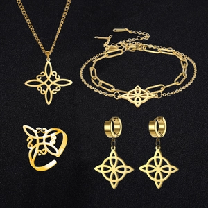 Celtic Witch Knot Jewelry Necklace Bracelet Earrings Ring Stainless Steel Hollow Geometric Mystical Fashion Women Men