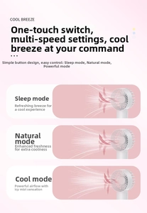 Detail of white mini misting fan showing 3-speed wind modes and misting feature controls