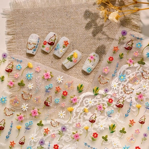 Adesivi per unghie 5D con fiori e cuori in rilievo su sfondo rustico in stile vintage