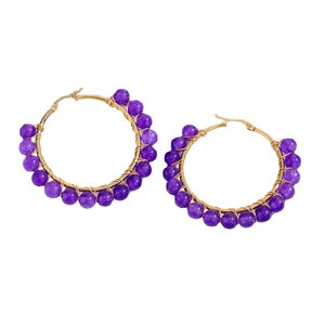 Bohemian gold stainless steel hoop earrings with purple natural stone beads decoration